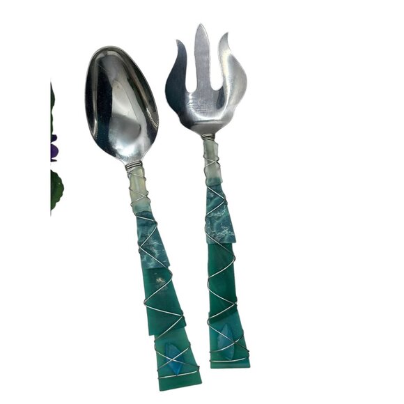 Handcrafted Stainless Steel Salad Server Set With Unique Glass Wrapped Handles - Picture 13 of 13